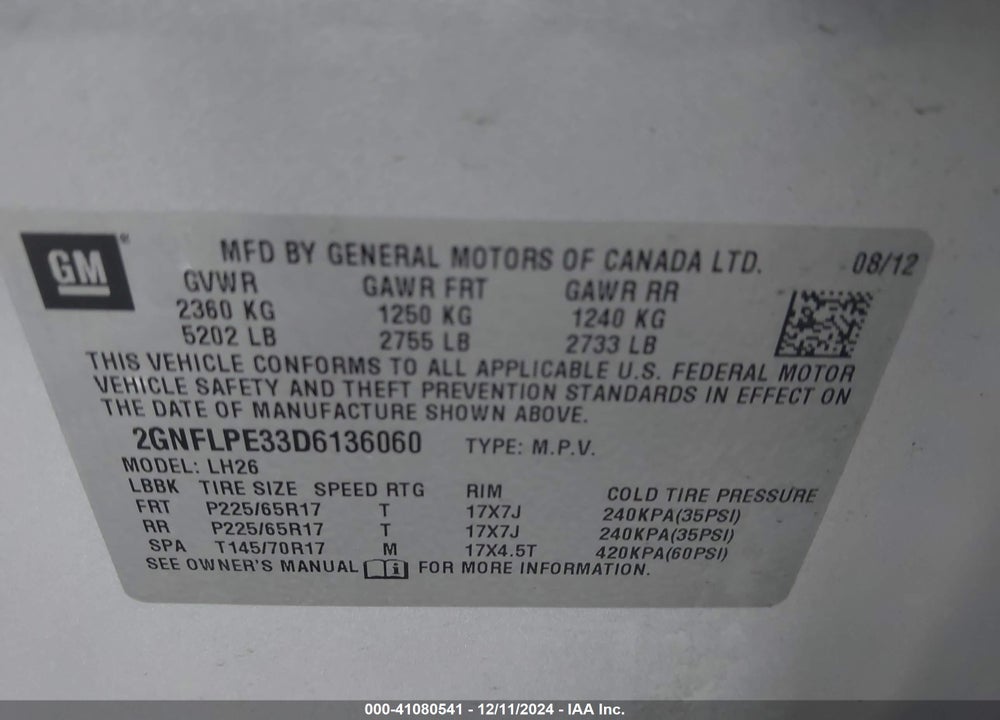 2013 CHEVROLET EQUINOX 2LT VIN: 2GNFLPE33D6136060