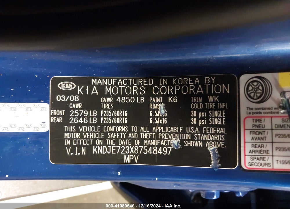 2008 KIA SPORTAGE EX V6 VIN: KNDJE723X87548497