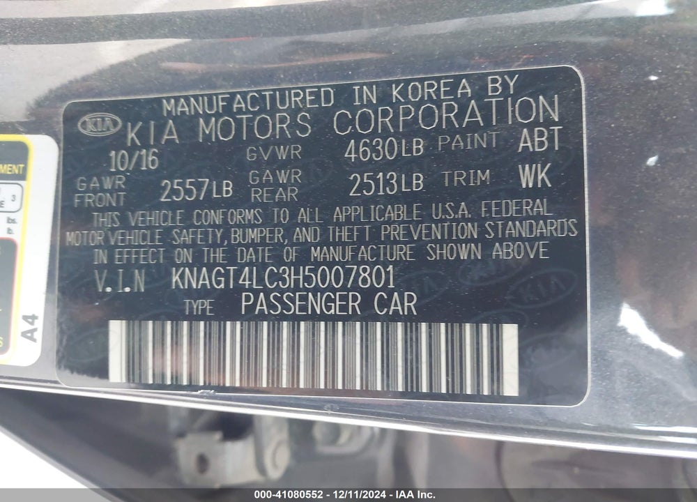 2017 KIA OPTIMA HYBRID VIN: KNAGT4LC3H5007801