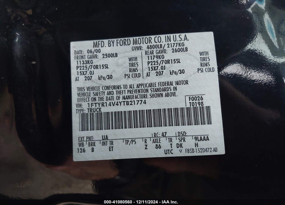 2000 FORD RANGER XL/XLT VIN: 1FTYR14V4YTB21774