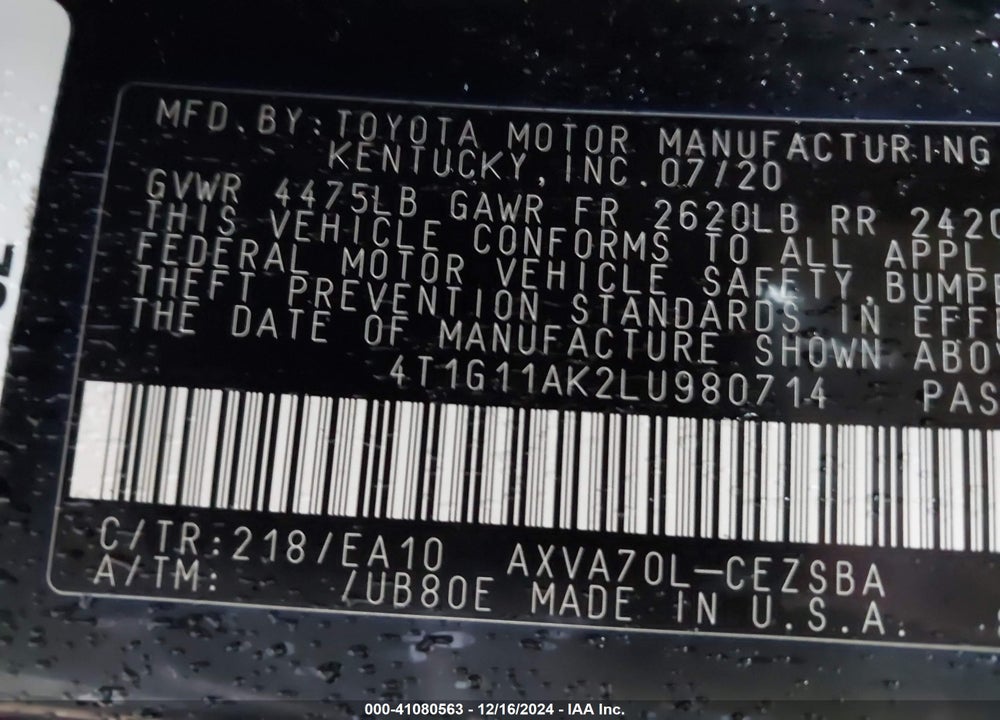 2020 TOYOTA CAMRY SE VIN: 4T1G11AK2LU980714