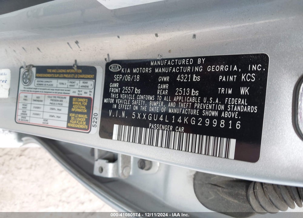 2019 KIA OPTIMA EX VIN: 5XXGU4L14KG299816