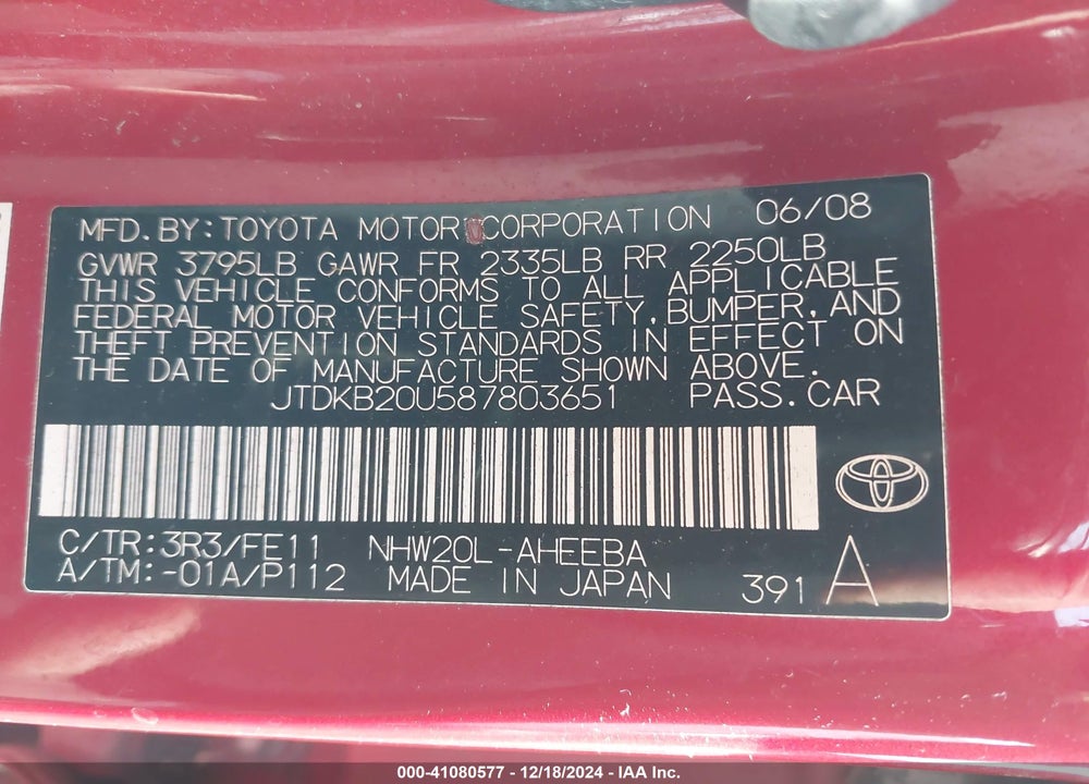 2008 TOYOTA PRIUS VIN: JTDKB20U587803651