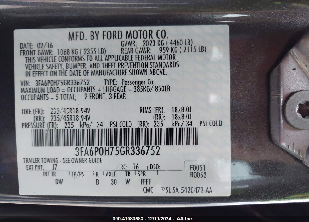 2016 FORD FUSION SE VIN: 3FA6P0H75GR336752