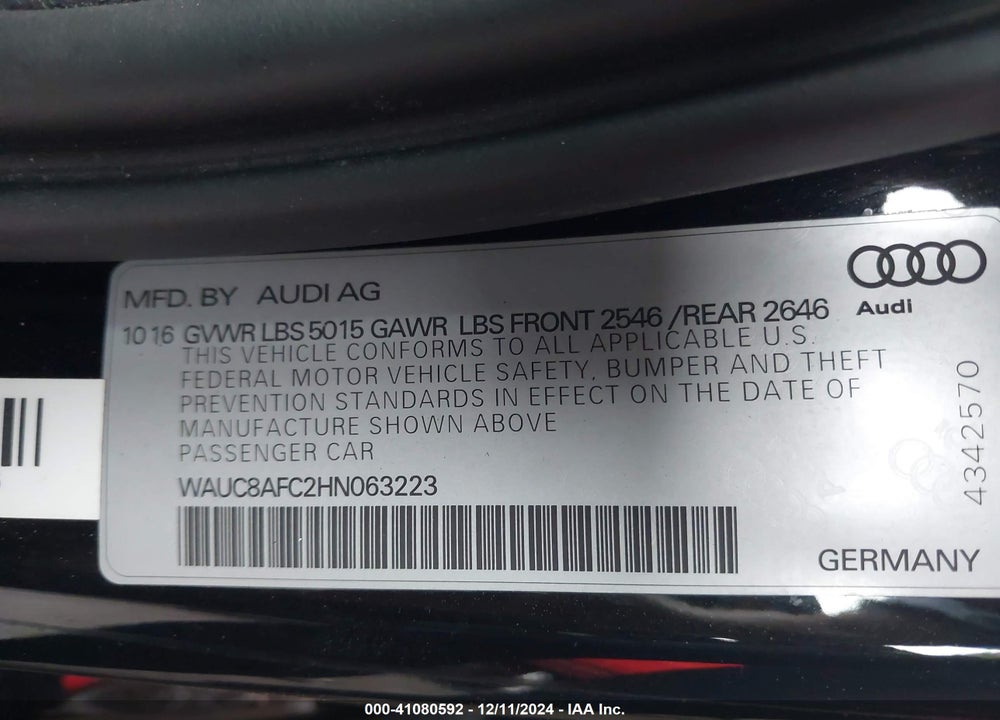 2017 AUDI A6 VIN: WAUC8AFC2HN063223