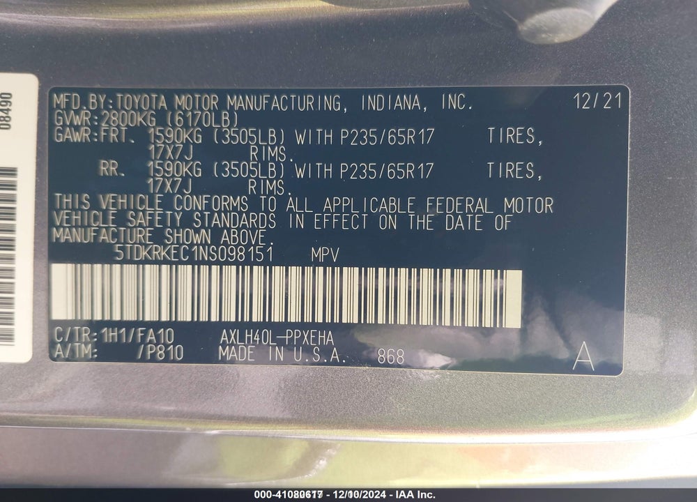 2022 TOYOTA SIENNA LE VIN: 5TDKRKEC1NS098151