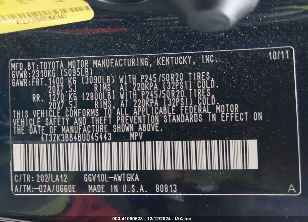 2011 TOYOTA VENZA BASE V6 VIN: 4T3ZK3BB4BU045443