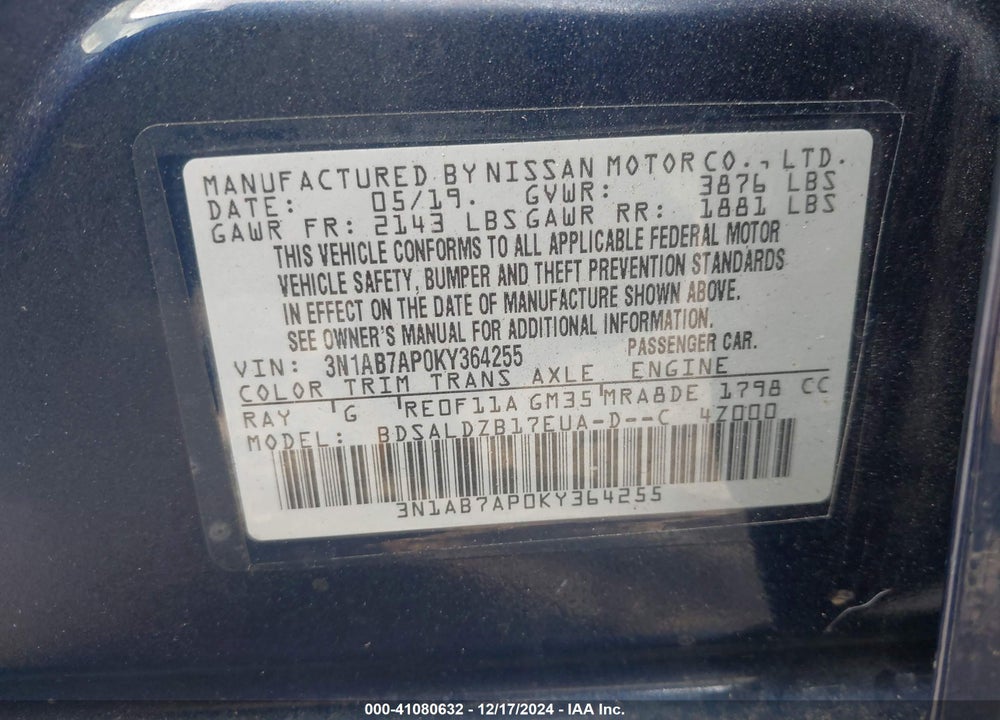 2019 NISSAN SENTRA SV VIN: 3N1AB7AP0KY364255