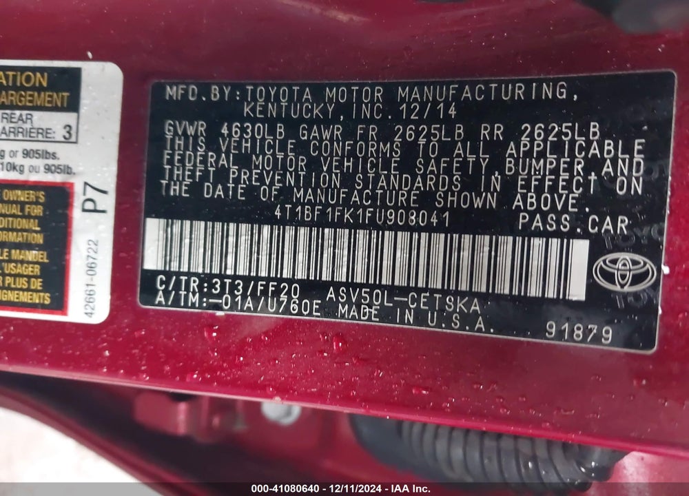 2015 TOYOTA CAMRY VIN: 4T1BF1FK1FU908041
