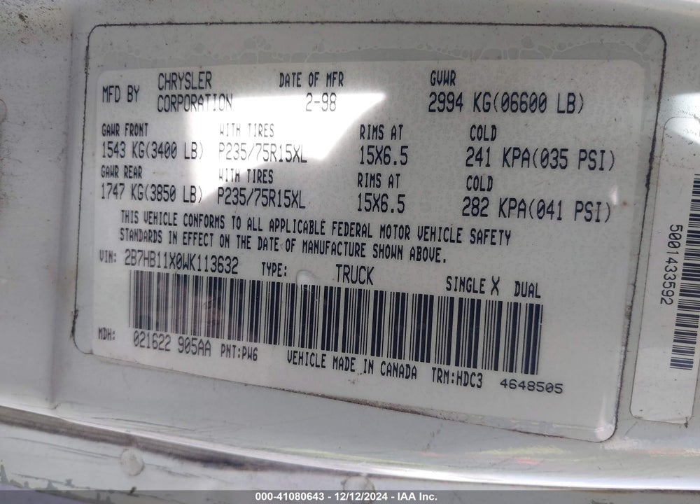 1998 DODGE RAM VAN 1500 COMMERCIAL/CONVERSION VIN: 2B7HB11X0WK113632
