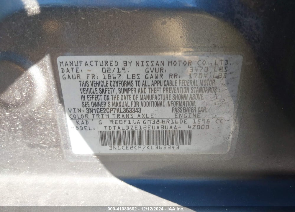 2019 NISSAN VERSA NOTE VIN: 3N1CE2CP7KL363343
