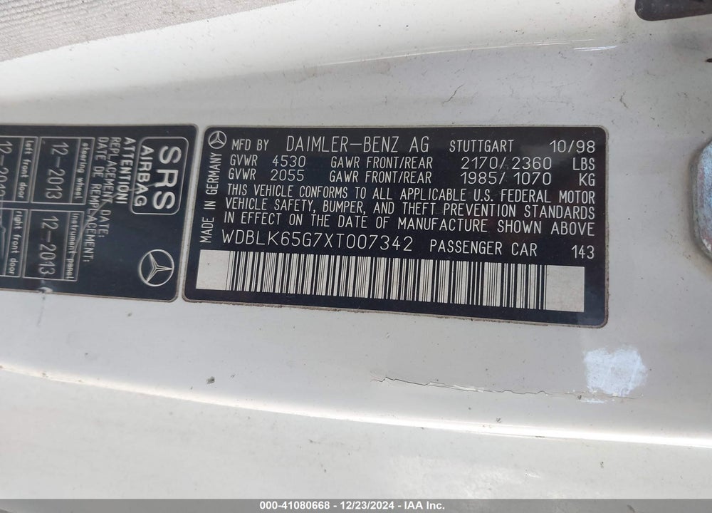 1999 MERCEDES-BENZ CLK 320 VIN: WDBLK65G7XT007342