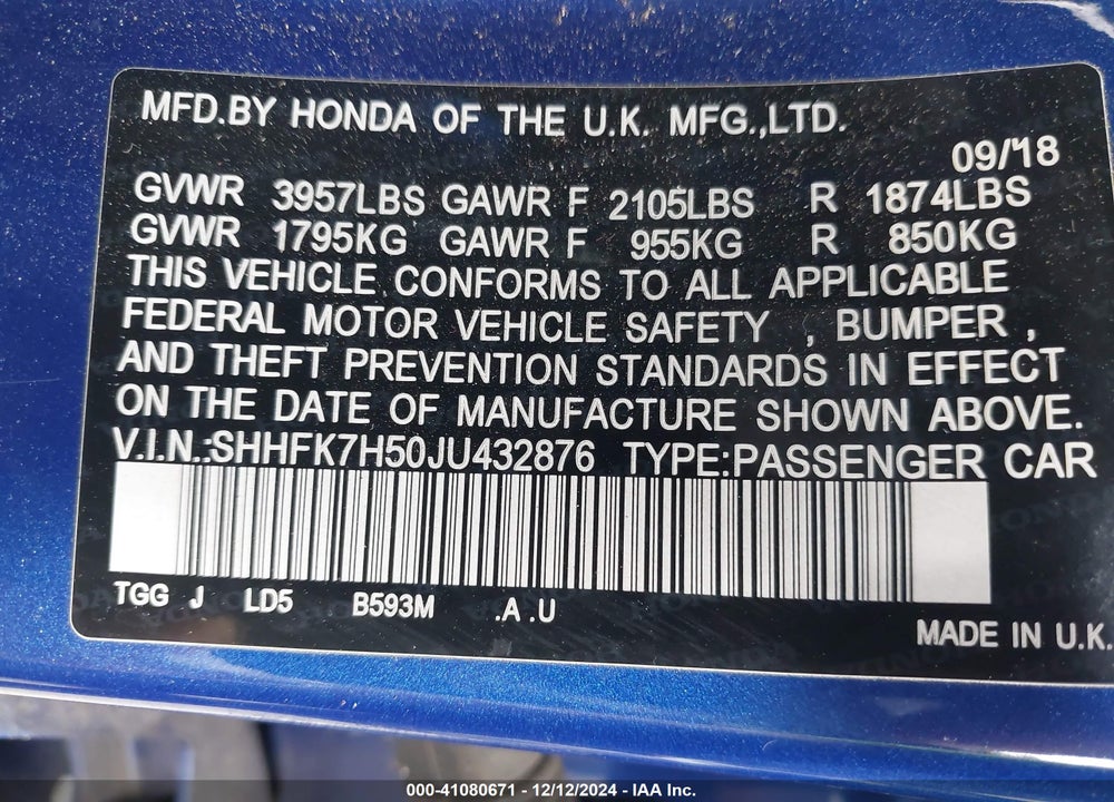 2018 HONDA CIVIC EX VIN: SHHFK7H50JU432876