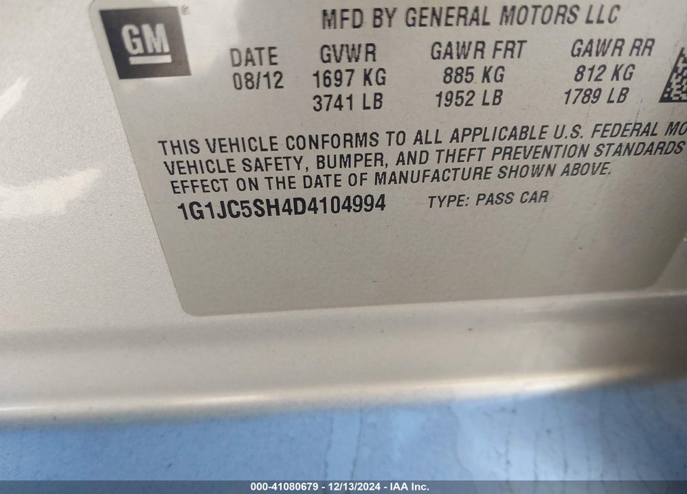 2013 CHEVROLET SONIC LT AUTO VIN: 1G1JC5SH4D4104994