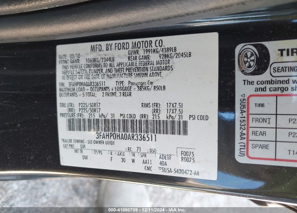 2010 FORD FUSION VIN: 3FAHP0HA0AR336511