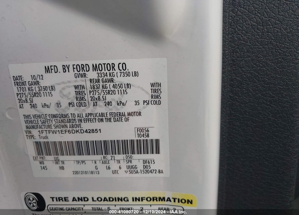 2013 FORD F-150 LARIAT VIN: 1FTFW1EF6DKD42851