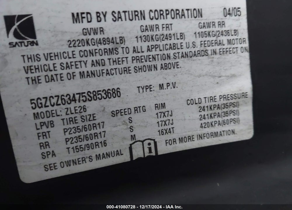 2005 SATURN VUE V6 VIN: 5GZCZ63475S853686