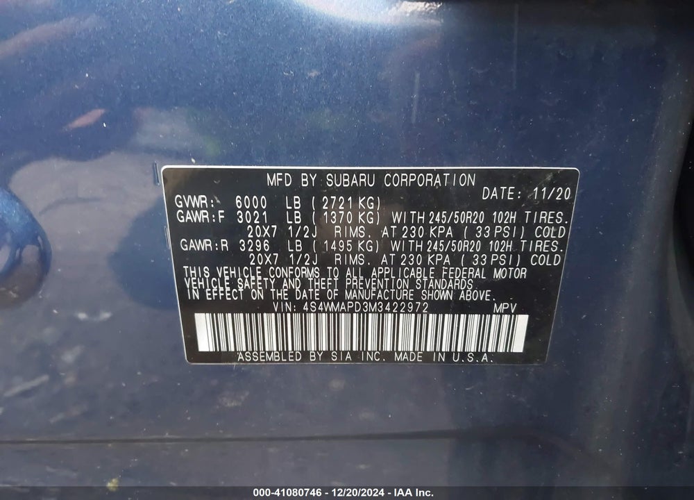 2021 SUBARU ASCENT LIMITED VIN: 4S4WMAPD3M3422972