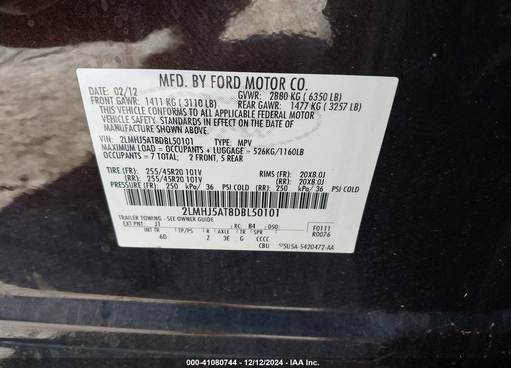 2013 LINCOLN MKT ECOBOOST VIN: 2LMHJ5AT8DBL50101