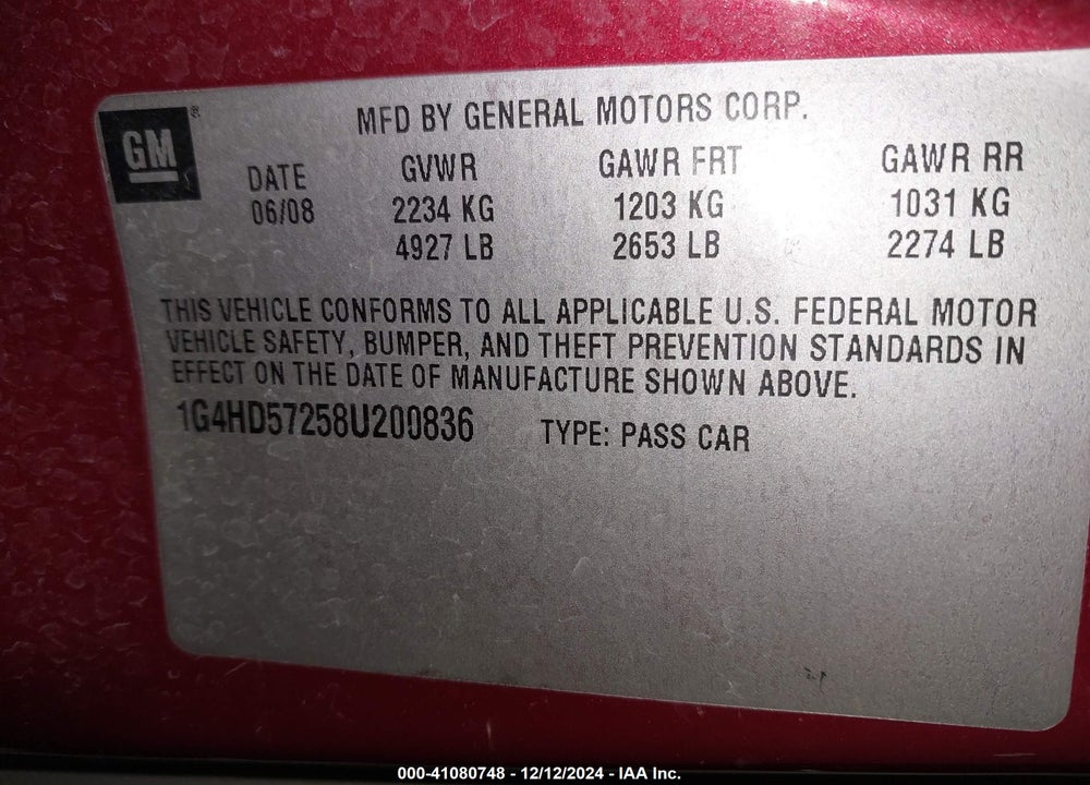 2008 BUICK LUCERNE CXL VIN: 1G4HD57258U200836