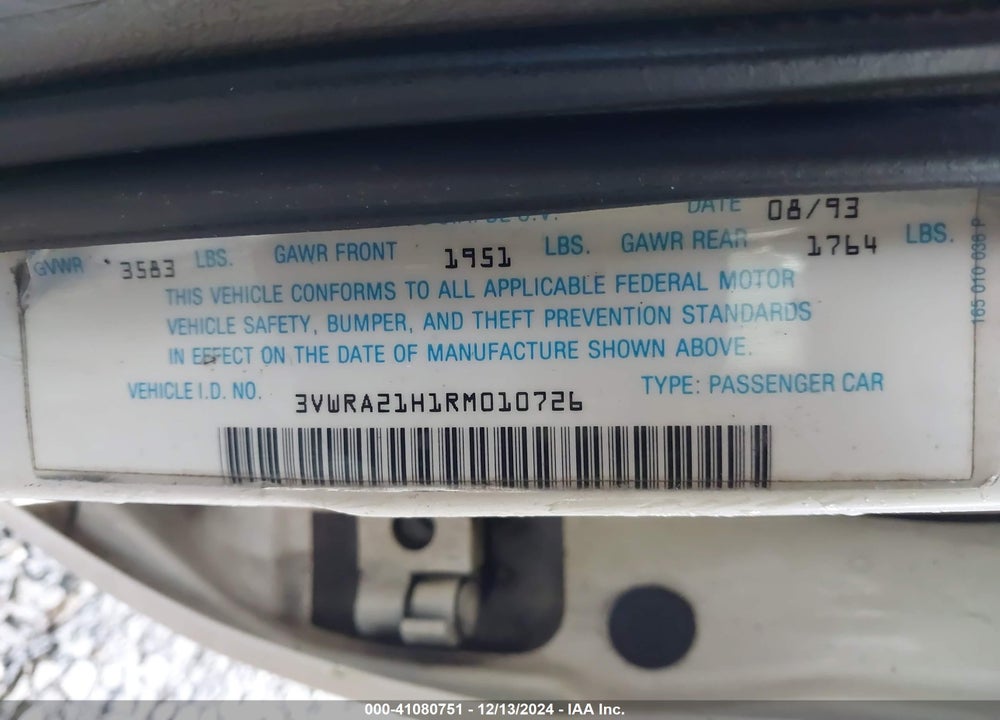 1994 VOLKSWAGEN JETTA VIN: 3VWRA21H1RM010726