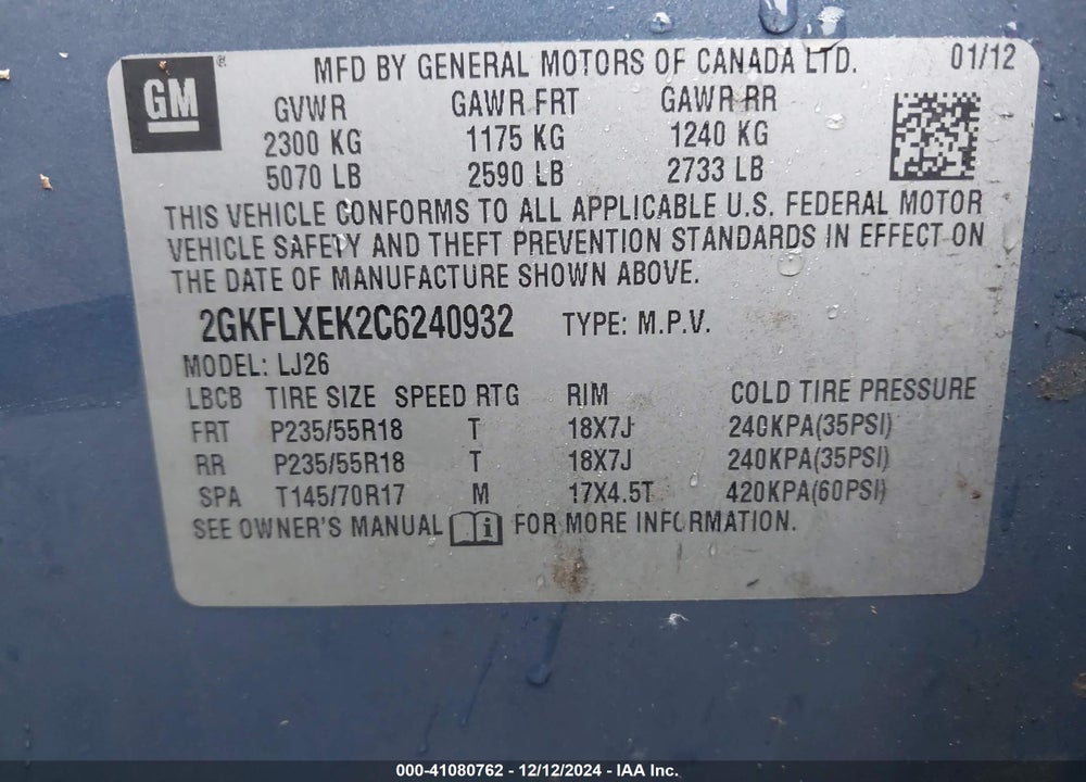 2012 GMC TERRAIN SLT-2 VIN: 2GKFLXEK2C6240932