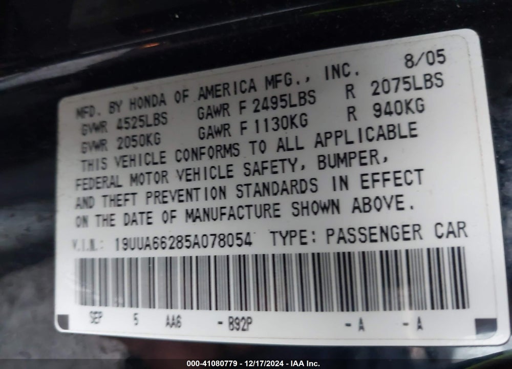 2005 ACURA TL VIN: 19UUA66285A078054