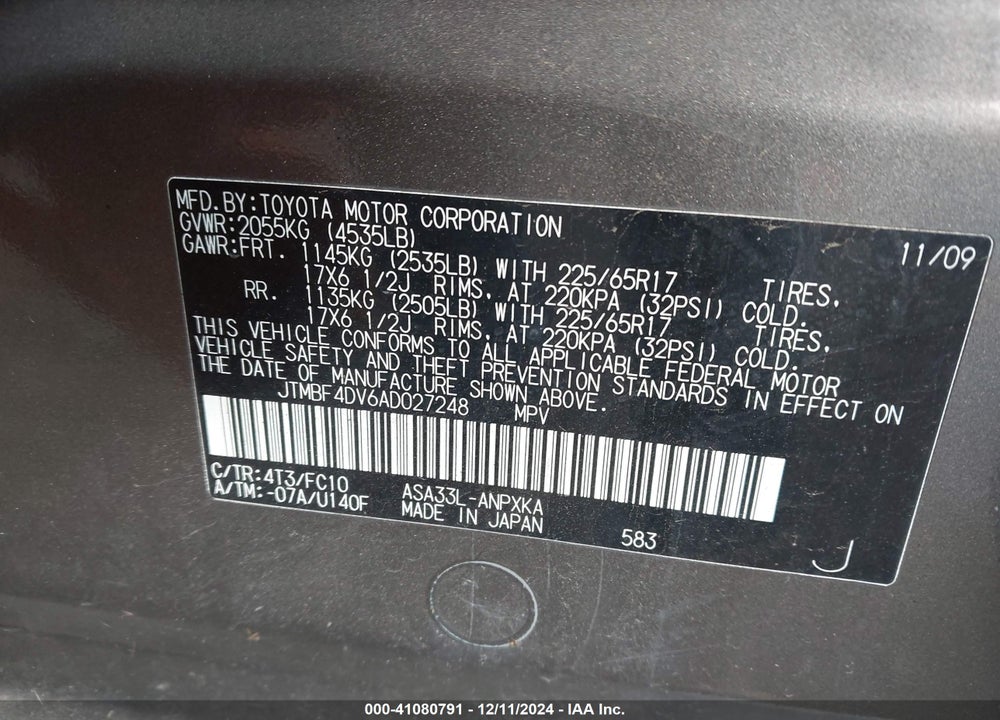 2010 TOYOTA RAV4 VIN: JTMBF4DV6AD027248