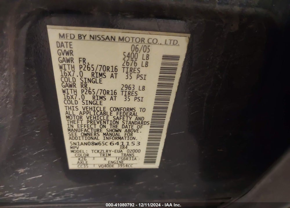 2005 NISSAN XTERRA S VIN: 5N1AN08W65C641153