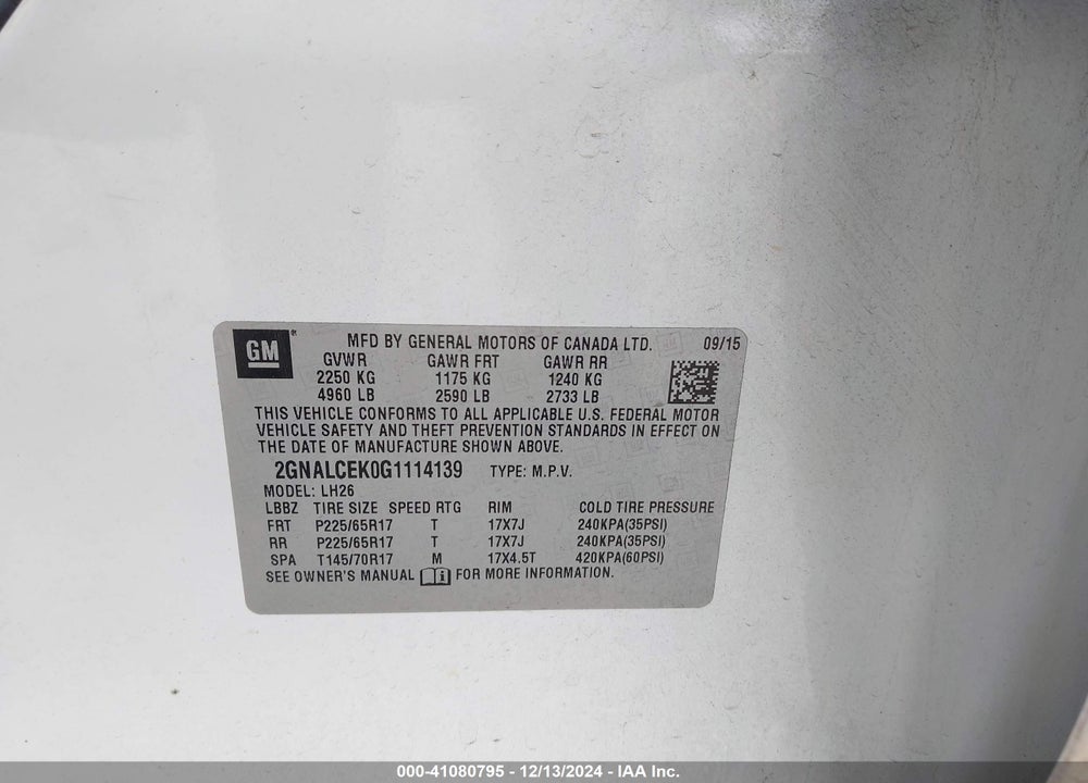 2016 CHEVROLET EQUINOX LT VIN: 2GNALCEK0G1114139