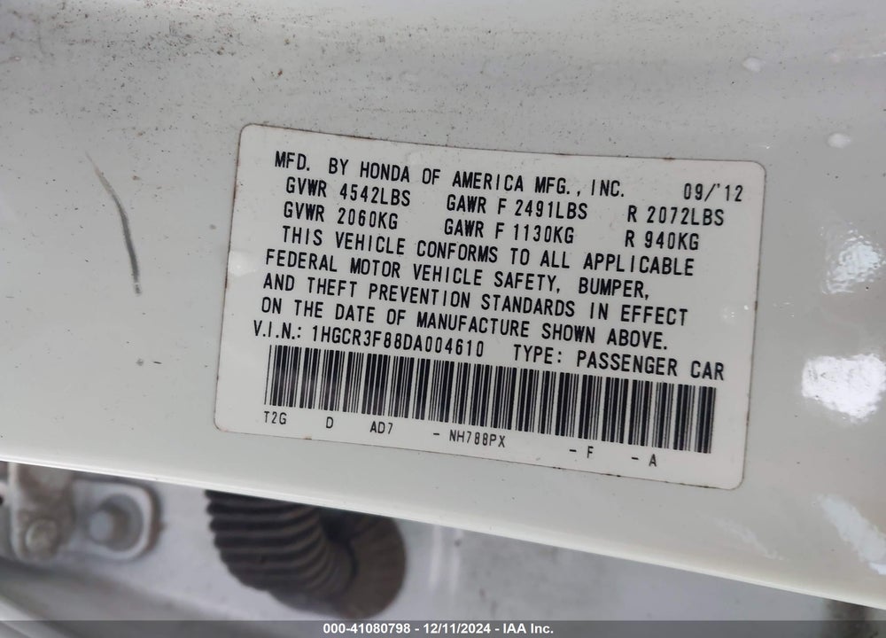 2013 HONDA ACCORD EX-L V-6 VIN: 1HGCR3F88DA004610