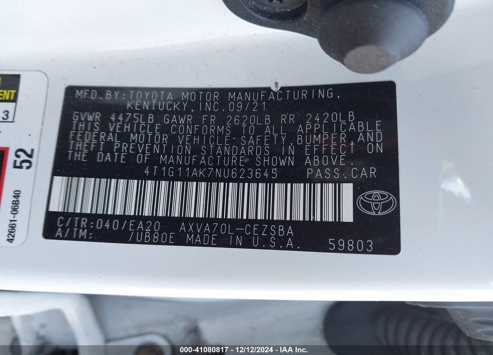 2022 TOYOTA CAMRY VIN: 4T1G11AK7NU623645