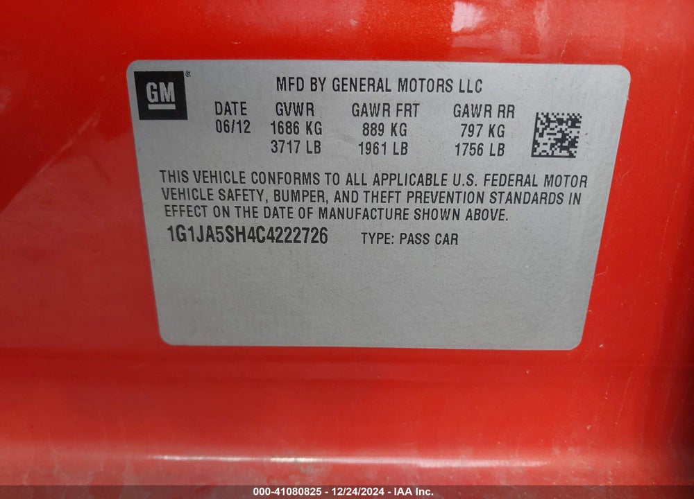 2012 CHEVROLET SONIC 2LS VIN: 1G1JA5SH4C4222726