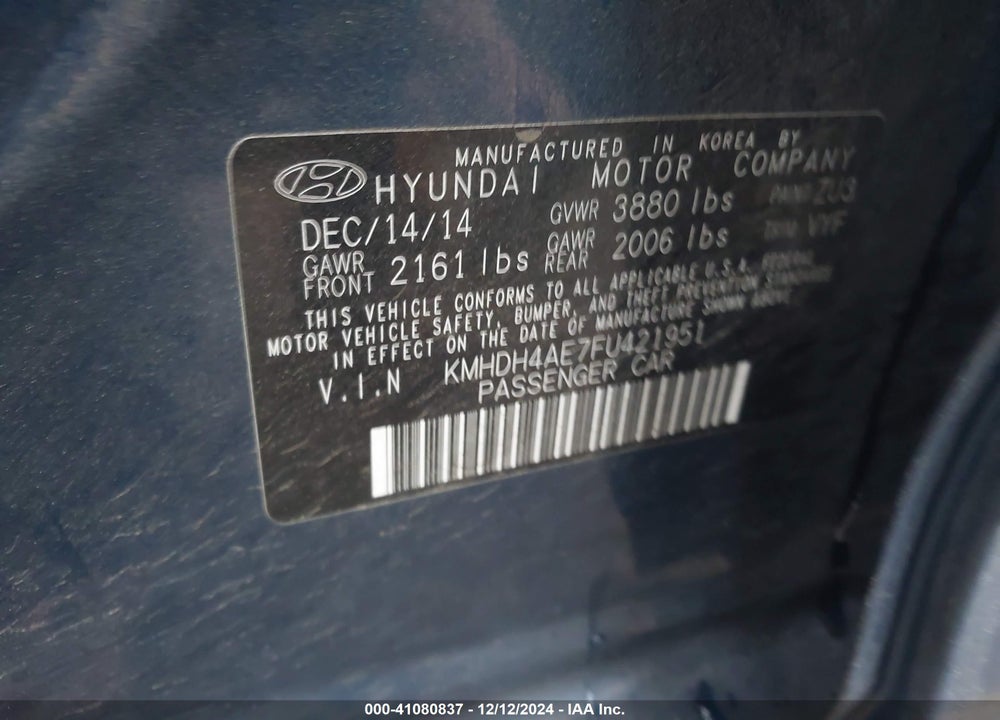 2015 HYUNDAI ELANTRA SE VIN: KMHDH4AE7FU421951