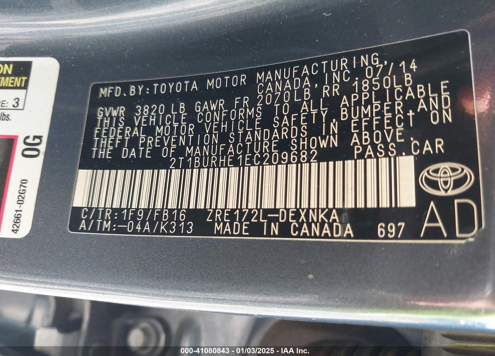 2014 TOYOTA COROLLA VIN: 2T1BURHE1EC209682