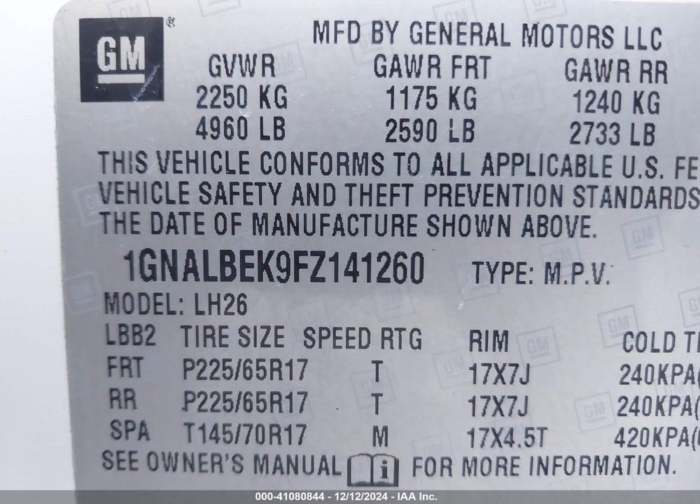 2015 CHEVROLET EQUINOX 1LT VIN: 1GNALBEK9FZ141260