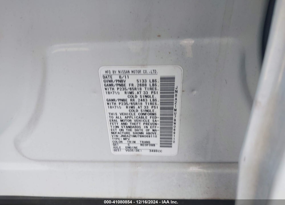 2011 NISSAN MURANO S VIN: JN8AZ1MU7BW069110