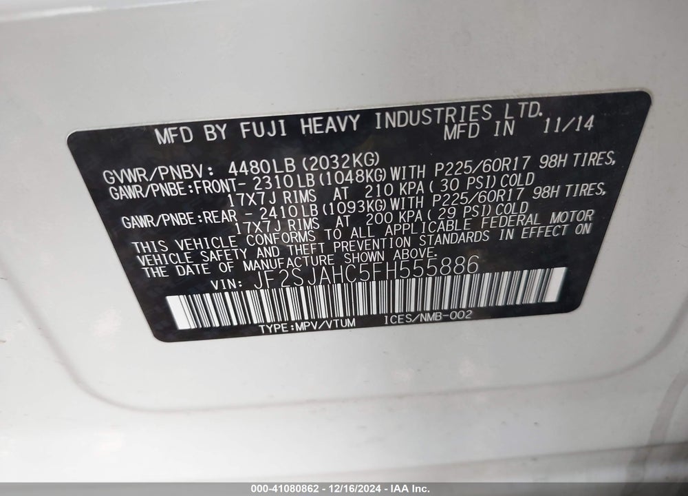 2015 SUBARU FORESTER 2.5I LIMITED VIN: JF2SJAHC5FH555886
