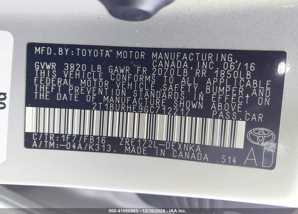 2016 TOYOTA COROLLA LE VIN: 2T1BURHE9GC712217
