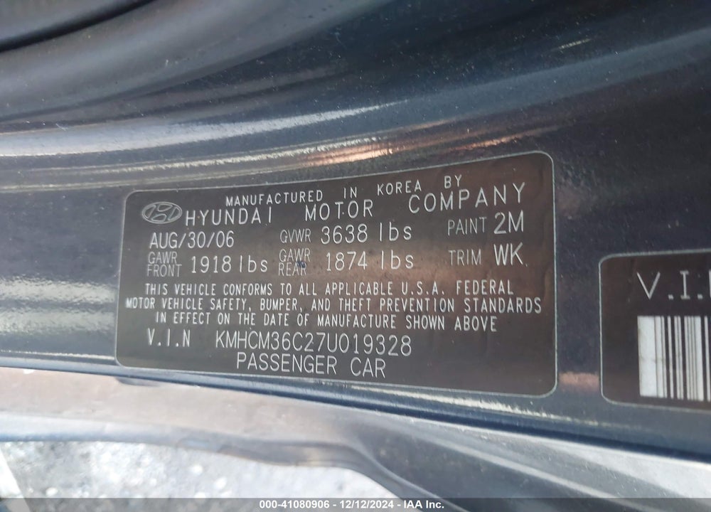 2007 HYUNDAI ACCENT GS VIN: KMHCM36C27U019328