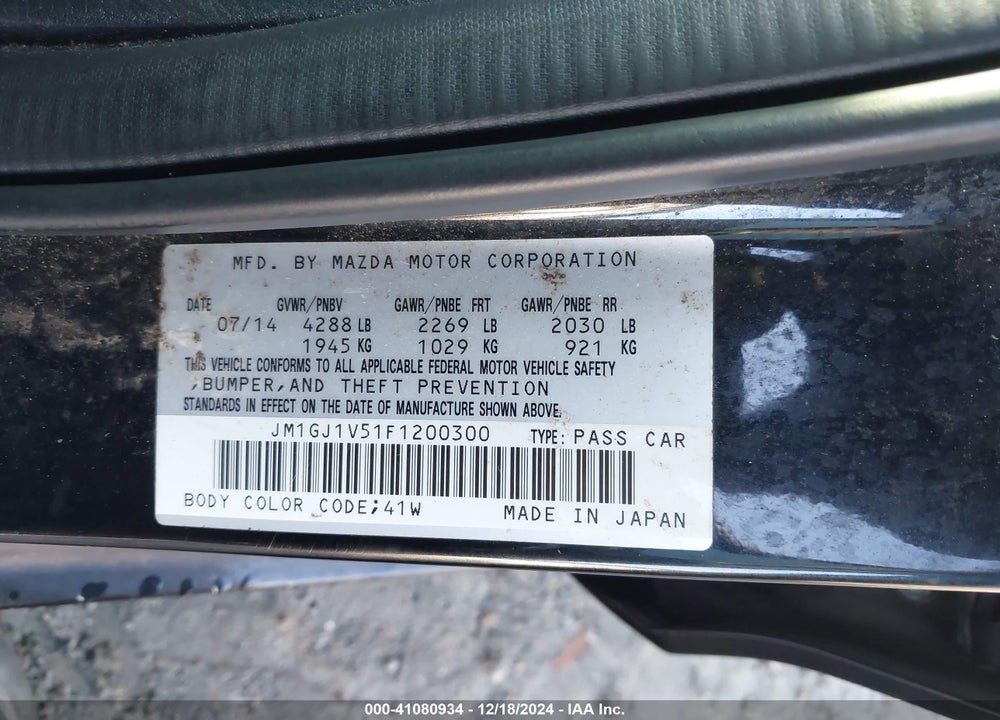 2015 MAZDA 6 I TOURING VIN: JM1GJ1V51F1200300