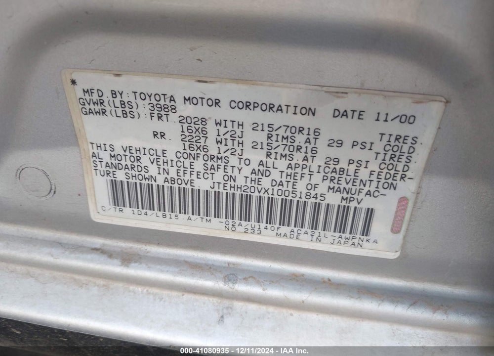 2001 TOYOTA RAV4 VIN: JTEHH20VX10051845