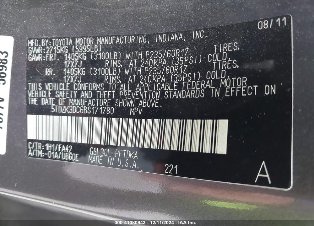 2011 TOYOTA SIENNA BASE V6 VIN: 5TDZK3DC6BS171780