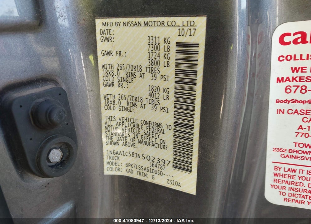 2018 NISSAN TITAN VIN: 1N6AA1C58JN502397