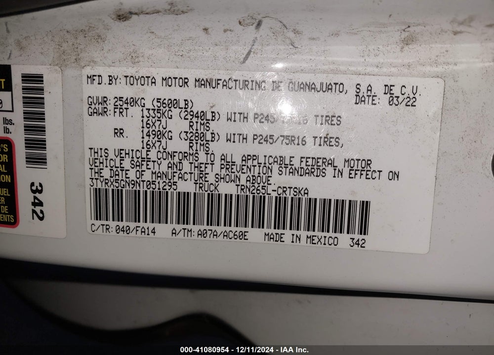 2022 TOYOTA TACOMA SR VIN: 3TYRX5GN9NT051295