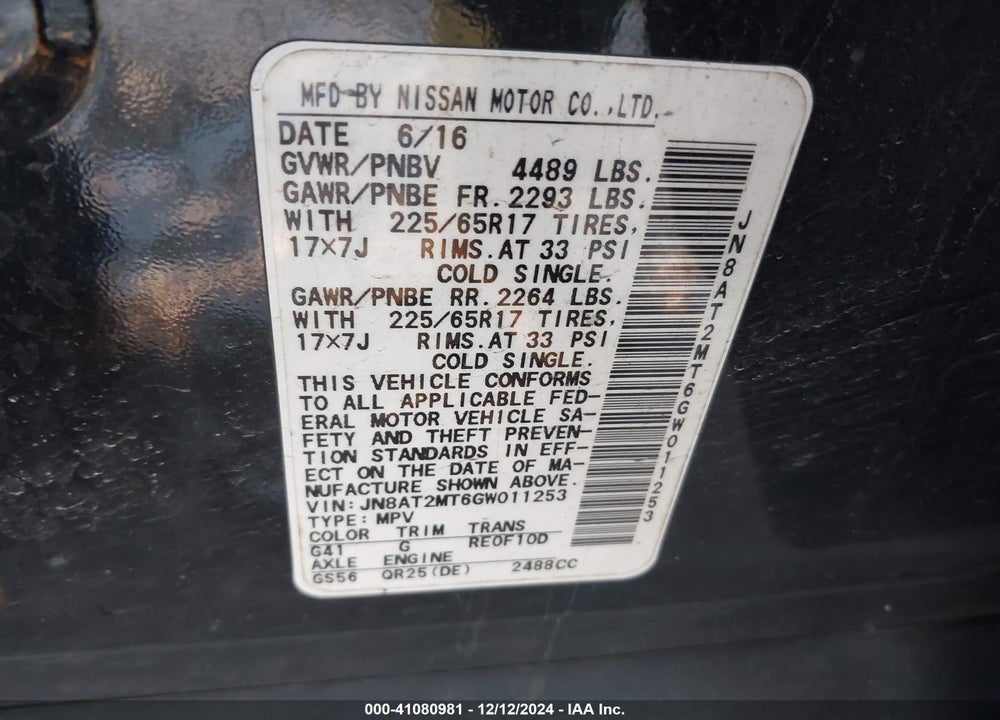 2016 NISSAN ROGUE VIN: JN8AT2MT6GW011253