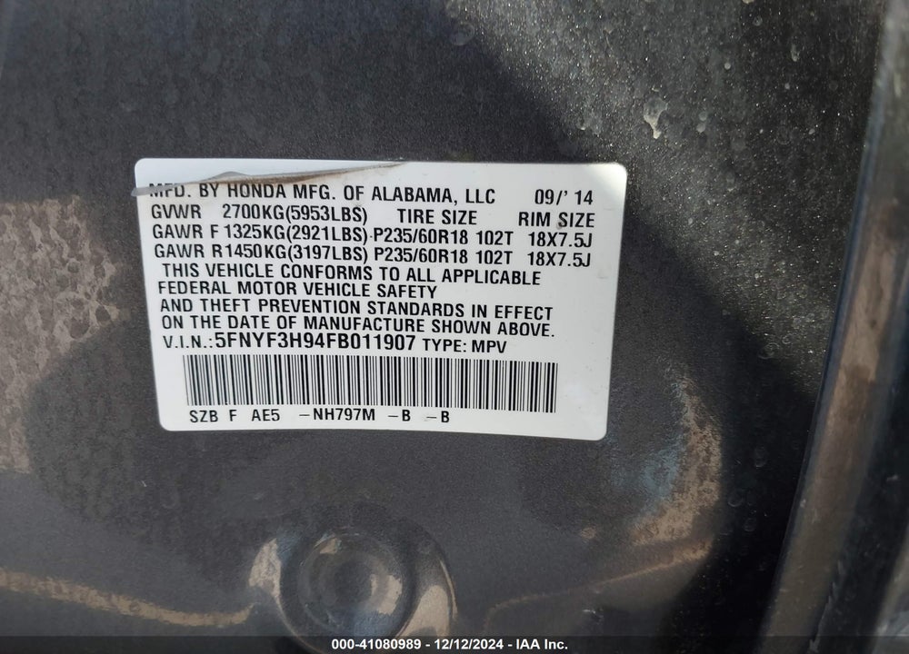 2015 HONDA PILOT VIN: 5FNYF3H94FB011907