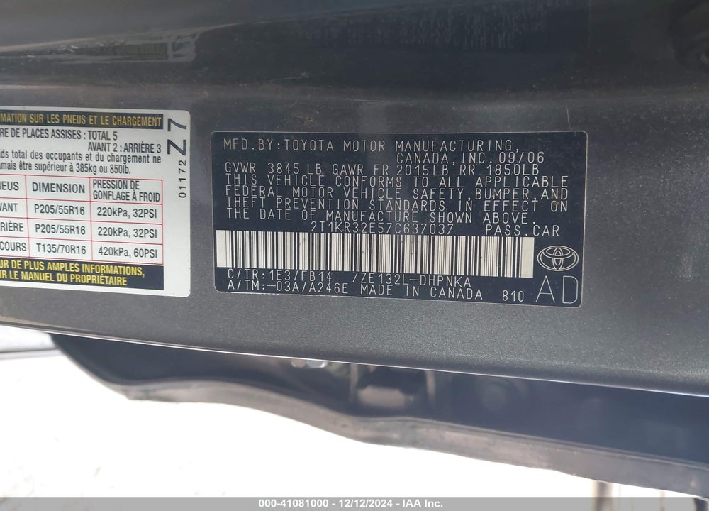 2007 TOYOTA MATRIX/XR VIN: 2T1KR32E57C637037