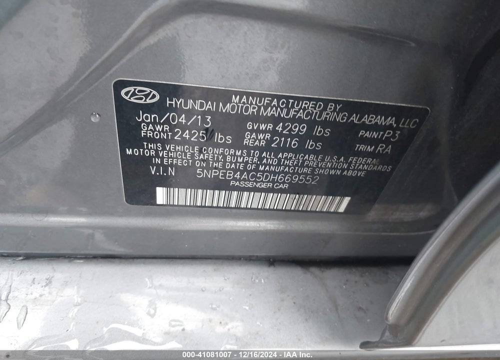 2013 HYUNDAI SONATA VIN: 5NPEB4AC5DH669552