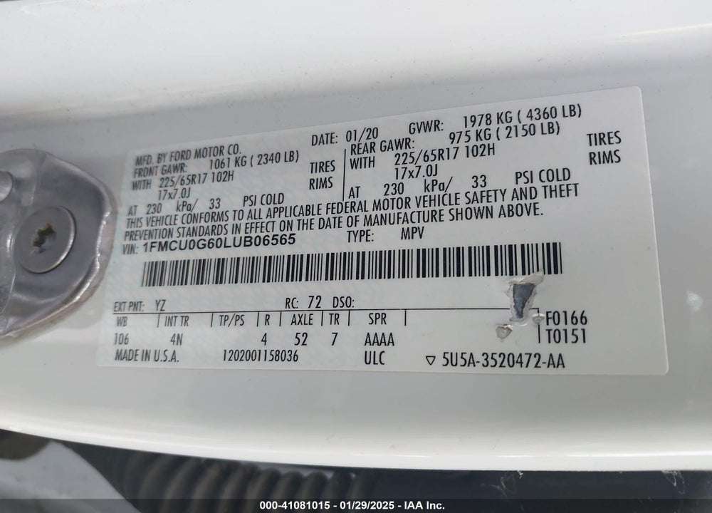 2020 FORD ESCAPE SE VIN: 1FMCU0G60LUB06565